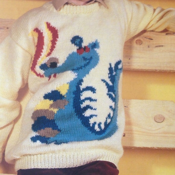 dragon sweater knitting pattern for children men and women intarsia chart picture jumper in dk yarn