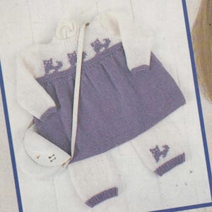 vintage baby knitting pattern PDF girls cat dress and pants double knitting 16" to 22"