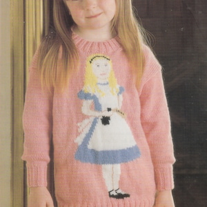 alice in wonderland jumper knitting pattern PDF vintage instarsia chart jumper sweater for child double knit