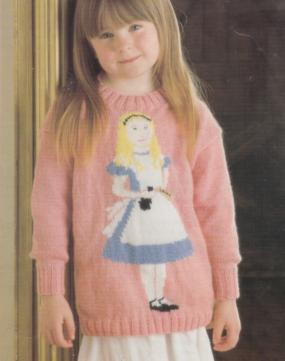 Alice in Wonderland Jumper Knitting Pattern PDF Vintage Instarsia 