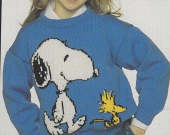 snoopy knitting pattern sweaters for children and adults dk wool intarsia charts vintage character knitting