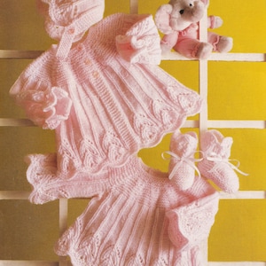 baby girls knitting pattern matinee coat dress booties and bonnet sizes 14 16 18 20 inches double knitting or 4 ply