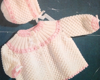 vintage baby knitting pattern for  dk double knit matinee coat and bonnet set 18-19"s PDF