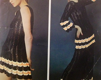 vintage crochet pattern for womens boho dress tunic and flared trouser set couture crochet 1970s