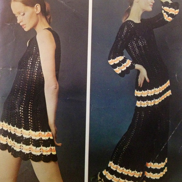 szydełkowy wzór w stylu vintage dla damskiej tuniki w stylu boho i rozszerzanych spodni, couture na szydełku, lata 70