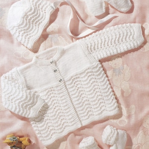 vintage knitting pattern for baby girls fan and feather lace set with matinee coat cardigan, bonnet, booties and mittens inc premature size