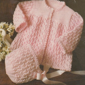 baby knitting pattern vintage matinee coat bonnet booties in double knit sizes 16-20 inch chest