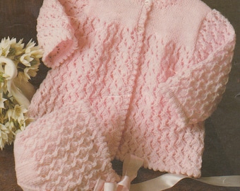 baby knitting pattern vintage matinee coat bonnet booties in double knit sizes 16-20 inch chest