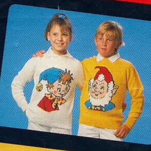 vintage noddy knitting pattern intarsia chart jumper sweater children and adults dk or 4 ply yarn