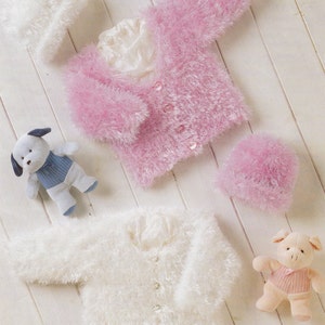baby knitting pattern lovely eyelash yarn cardigans and hats l in sizes 12 to 22 inches dk premature