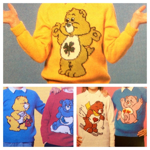 Care Bears knitting pattern sweaters for children and adults dk or 4 ply intasia charts vintage character knitting