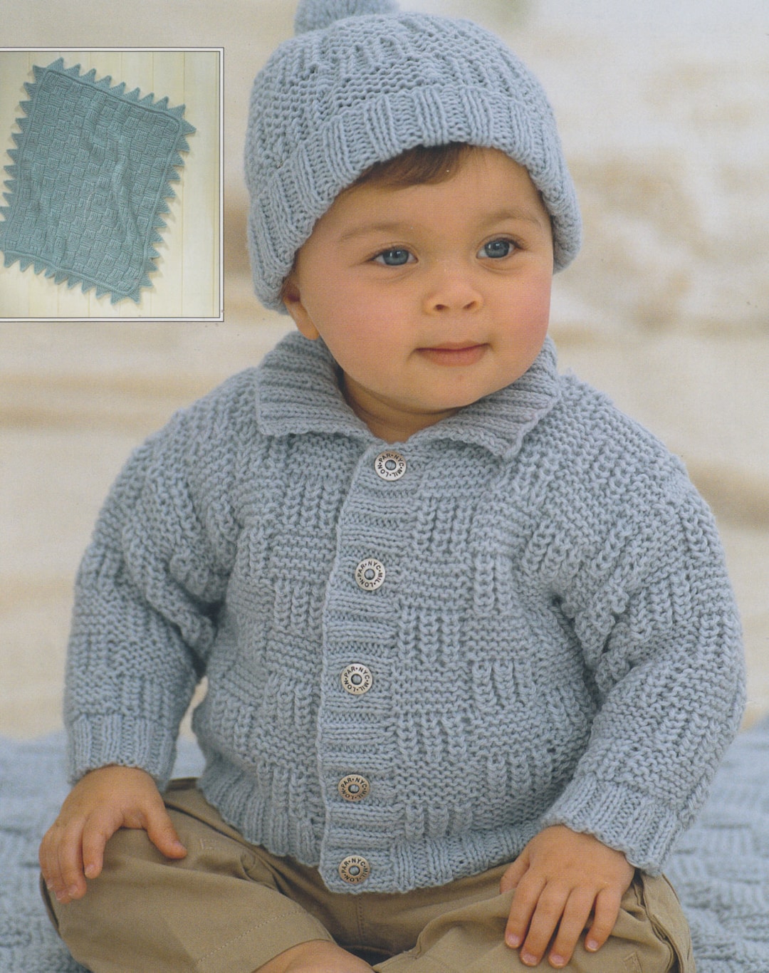 Baby Child Knitting Pattern Cardigan Pompom Hat and Blanket in