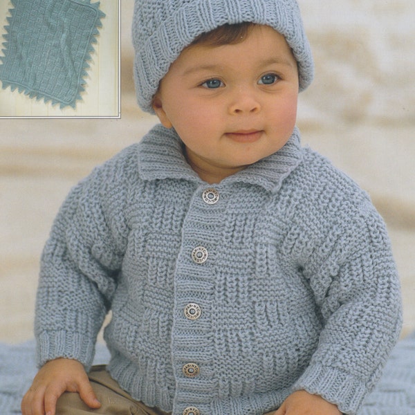baby child knitting pattern cardigan pompom hat and blanket in double knit from birth to age 6