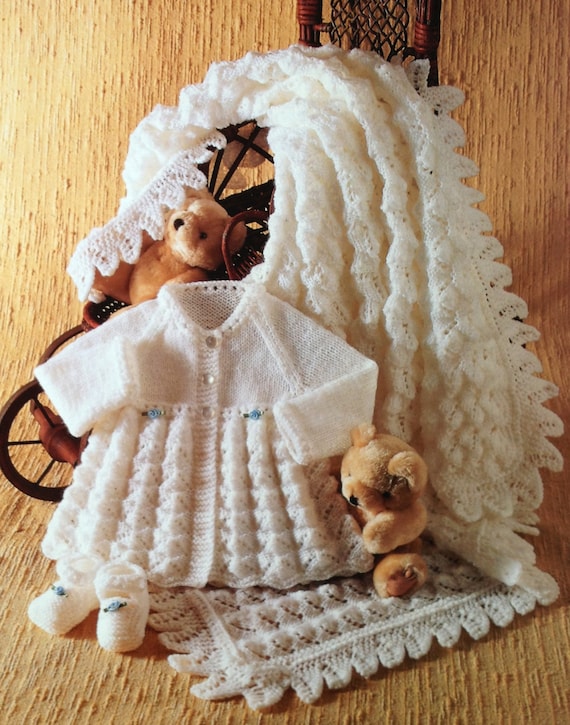 vintage baby matinee coat bonnet bootees knitting pattern pdf baby matinee jacket hat booties 17-19 3ply light fingering instant download