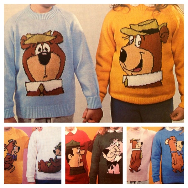 Yogi Bear knitting pattern sweaters for children and adults dk or 4 ply intarsia charts vintage character knitting