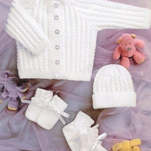 vintage knitting pattern for 4 ply baby girls matinee jacket bonnet mittens and hat set
