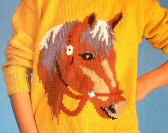 vintage knitting pattern for horse sweater children women men intarsia chart picture jumper in dk yarn 26 to 44 inch chest PDF
