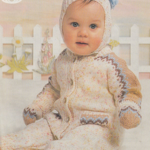 vintage baby knitting pattern PDF for all in one snowsuit with hat and mittens dk yarn sizes 16-20 inches