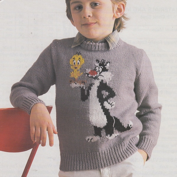 PDF vintage knitting pattern childs sylvester and tweetie pie character sweater 24-32 inch chest