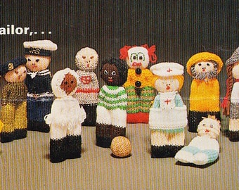 vintage toy knitting pattern little dolls sailor, knight, football player, soldier, nurse, pirate, eskimo and more