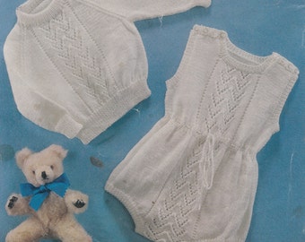 baby vintage knitting pattern short romper suit with sweater 18-20 inch 4 ply