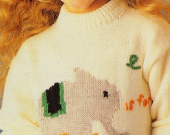 elephant sweater knitting pattern for children intarsia chart picture jumper in dk yarn