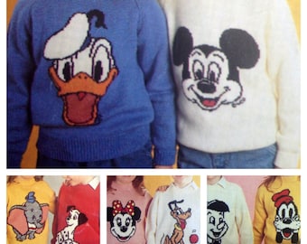 mickey and minnie mouse knitting pattern sweaters for children and adults dk or 4 ply intarsia charts vintage character knitting