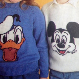 mickey and minnie mouse knitting pattern sweaters for children and adults dk or 4 ply intarsia charts vintage character knitting