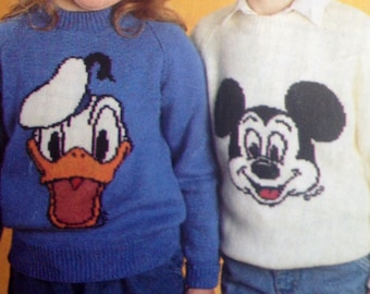 mickey and minnie mouse knitting pattern sweaters for children and adults dk or 4 ply intarsia charts vintage character knitting
