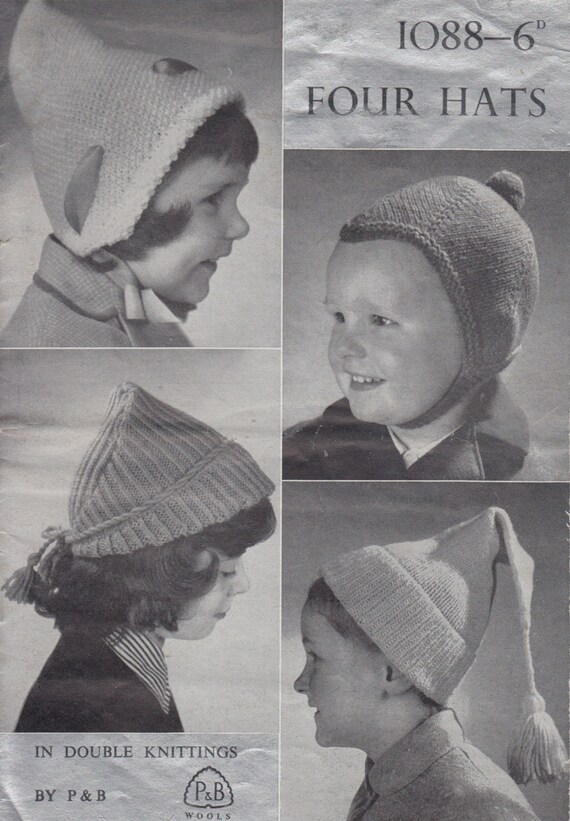 Vintage Knitting Pattern Childrens Hats In Dk Yarn Elf Hat Dutch Bonnet Jelly Bag Canterbury Bell