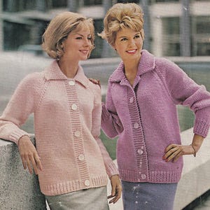 vintage knitting pattern PDF for ladies chunky jacket cardigan, 34 to 44 inch chest, 1960s