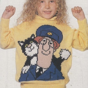 postman pat knitting pattern sweaters for children and adults dk or 4 ply intasia charts vintage character knitting