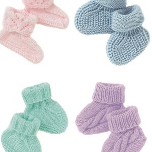 May include: Four pairs of knitted baby booties in different colours: pink, light blue, light green, and lavender. The booties have a fold-over cuff and are made with a simple knit stitch.