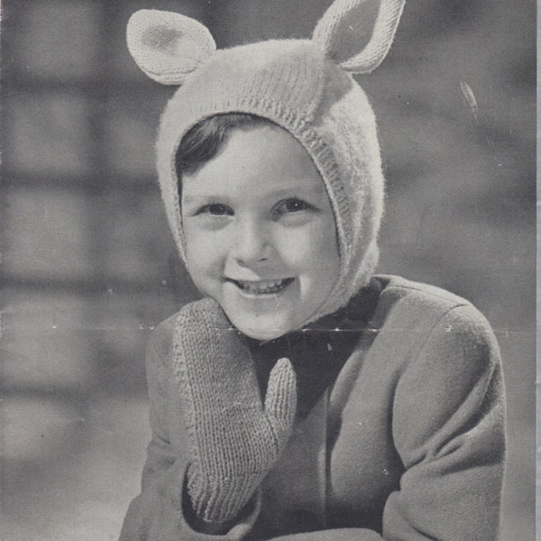 vintage knitting pattern childrens 1940s bunny rabbit ears hat with gloves and mittens in double knitting yarn