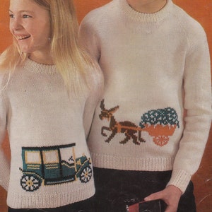 Vintage Strickmuster PDF für Kinderpullover mit Auto und Pferdekutsche Transport Designs