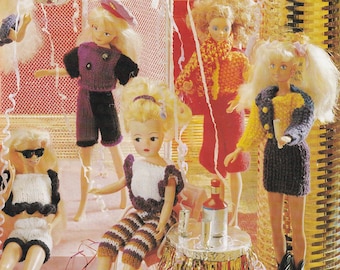 vintage teenage fashion dolls clothes knitting pattern Sindy Barbie - wardrobe with dresses, tops, skirts etc