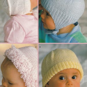 May include: Four knitted baby hats in different colors: white, light blue, pink, and yellow. The hats have various designs, including a bonnet style, a tie-up hat, and a hat with a ruffled brim. The image showcases the hats on babies.
