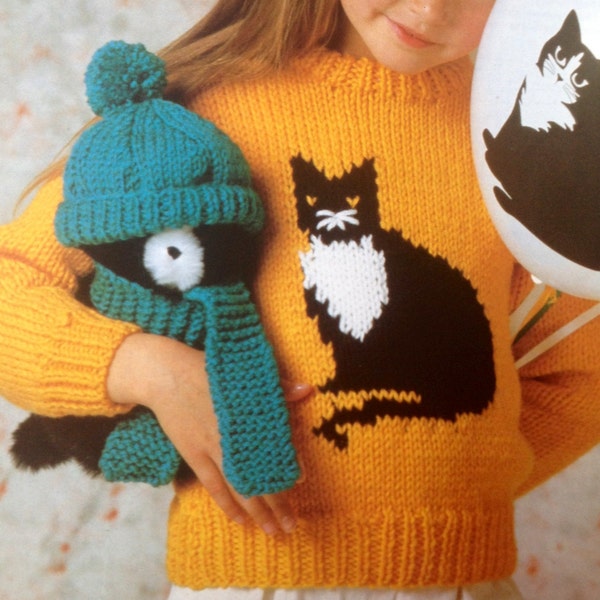 vintage knitting pattern for girls cat sweater in chunky yarn 22 to 28 inch chest intarsia chart
