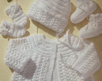 vintage baby knitting pattern matinee coat bonnet booties mittens in double knit sizes 14 16 18 20 inch chest