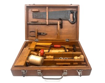Vintage Wooden Toolbox with Tools, Vintage Display, Woodworking Tools, Handyman, Gift Idea