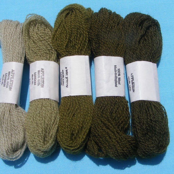 Appleton crewel embroidery wool yarn skeins -Olive Green shades pack (30 yards each)(pack of 5)