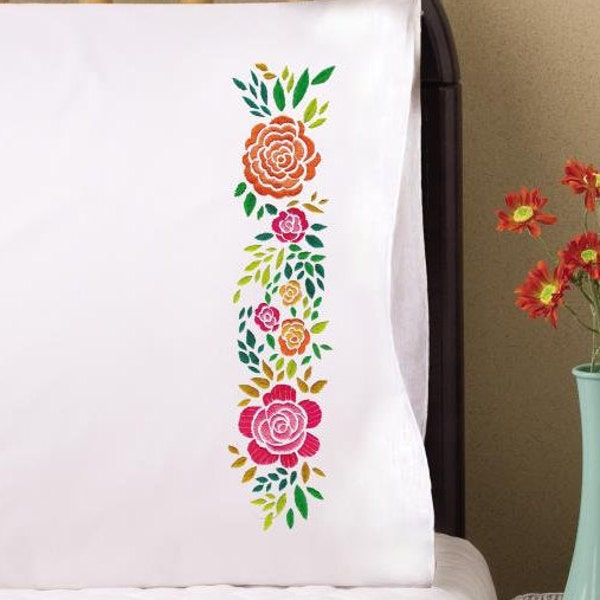 Rosey Posey Stamped for embroidery Pillow Case Pair (stamped design on presewn pillow cases) (Standard size 20"x30") DIY Craft