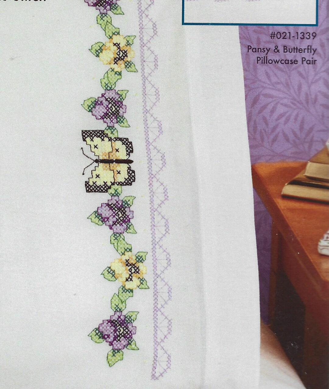 Pansy & Butterfly Stamped for Cross Stitch Pillow Case Pair stamped Design on Presewn Pillow
