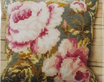 Pink Roses needlepoint cross stitch pillow kit (5 count mesh canvas)(size: 16"x16")(made in EU by Collection D'Art)