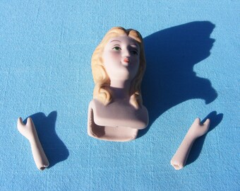 Porcelain Doll Head & Hands - 2.75" -Blonde, blue eyes for doll making or Christmas angels