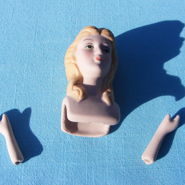 Porcelain Doll Head & Hands - 2.75" -Blonde, blue eyes for doll making or Christmas angels