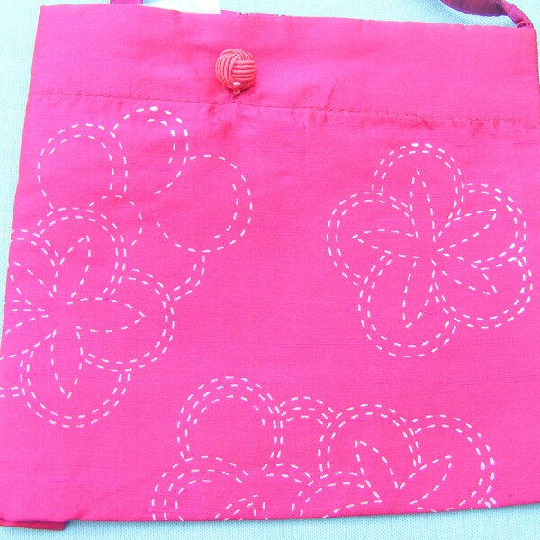 Stamped Silk Purse for embroidery - flowers (by DMC Linea) size 8"x8" bag with 48" strap - color fuchsia - DIY craft