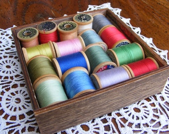 Vintage Sewing Thread in Wood Box Frame (17 spools)