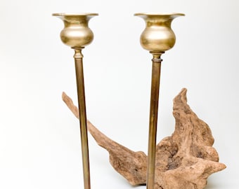 B3106 - Vintage Used - 11-inch Tall Pair Brass Taper Candle Stands - Gold, Metal, Classic, Traditional