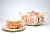 Japanese Satsuma Wisteria Teapot and Teacup Set - Butterfly, Gold Border, Seal